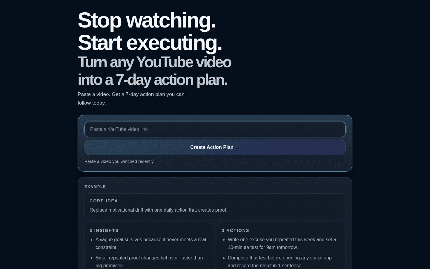 The Action Plan Generator landing page with a single YouTube link input