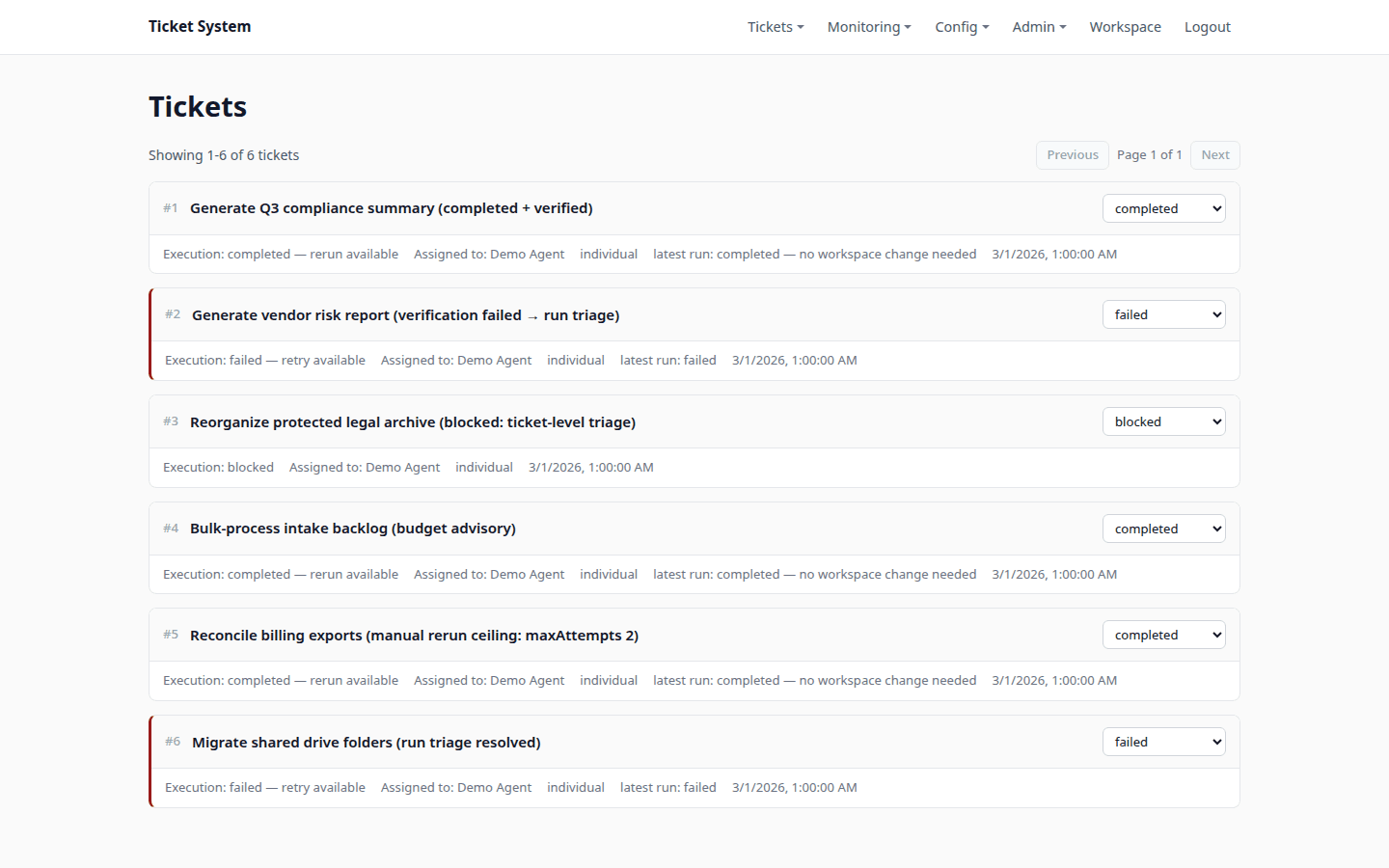 Ticket list showing completed, failed, and blocked tickets with execution status lines
