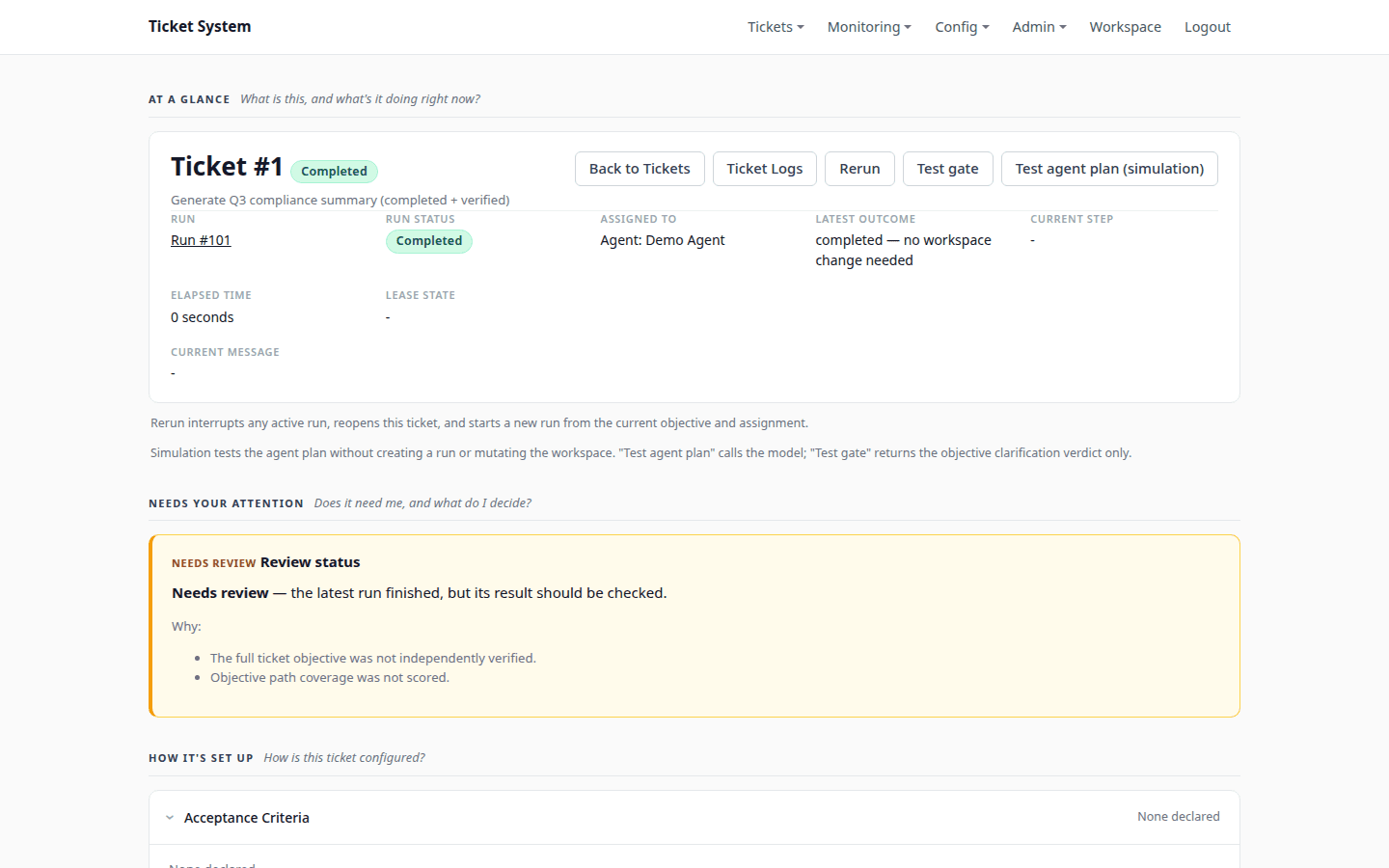 Ticket detail with a Needs Review banner explaining unverified objectives, plus rerun and simulation controls