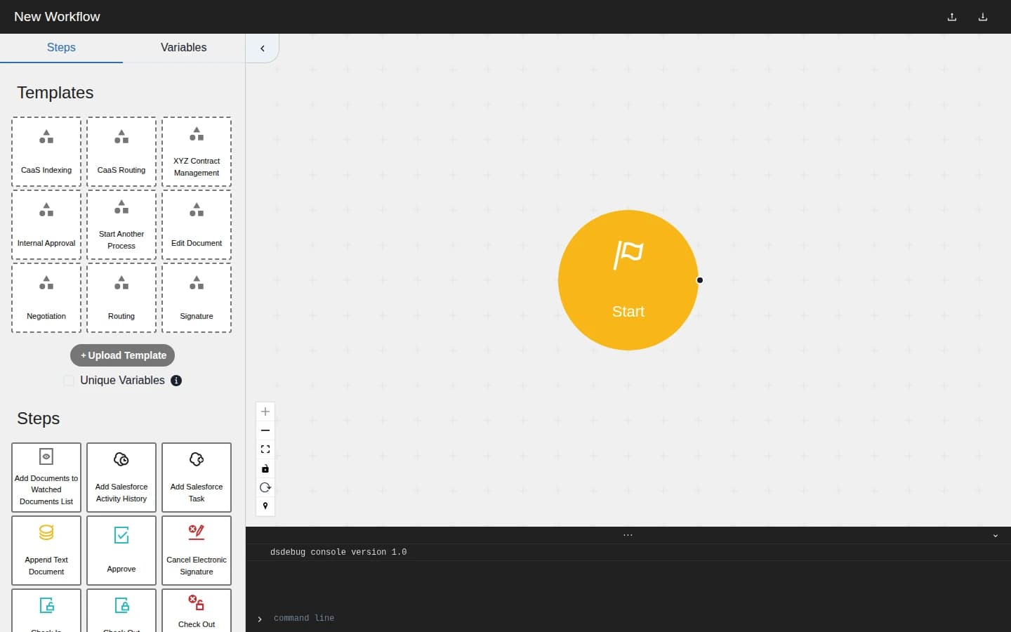 DSDebug on first load: template library and step palette beside an empty canvas