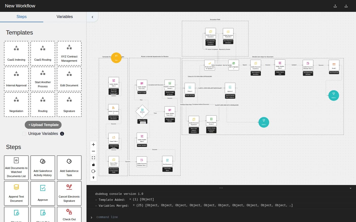 A 30-step contract management workflow rendered as an interactive node graph with labeled phases