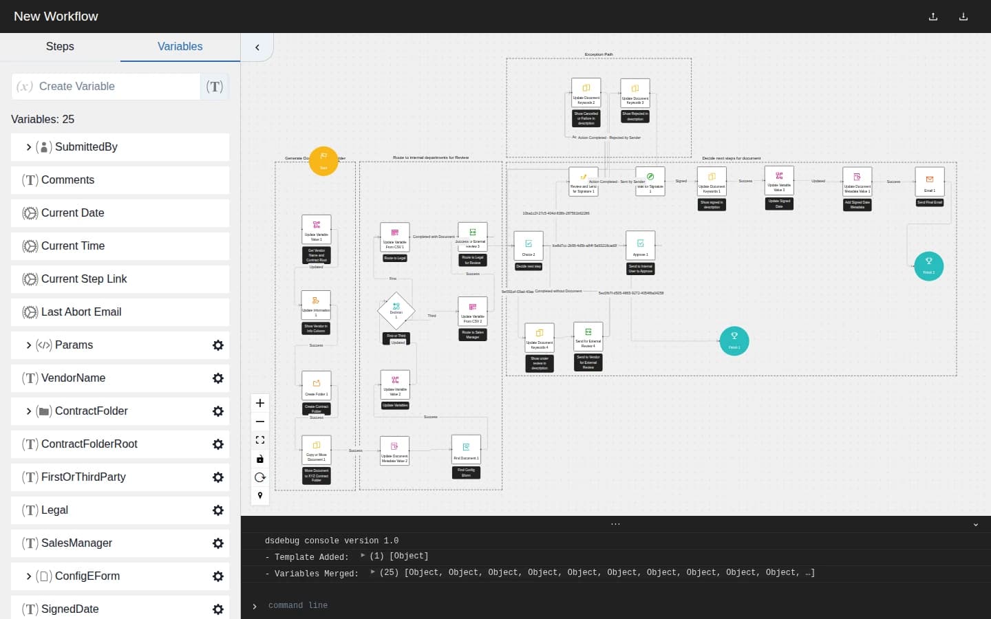 The Variables panel listing 25 typed workflow variables next to the rendered graph