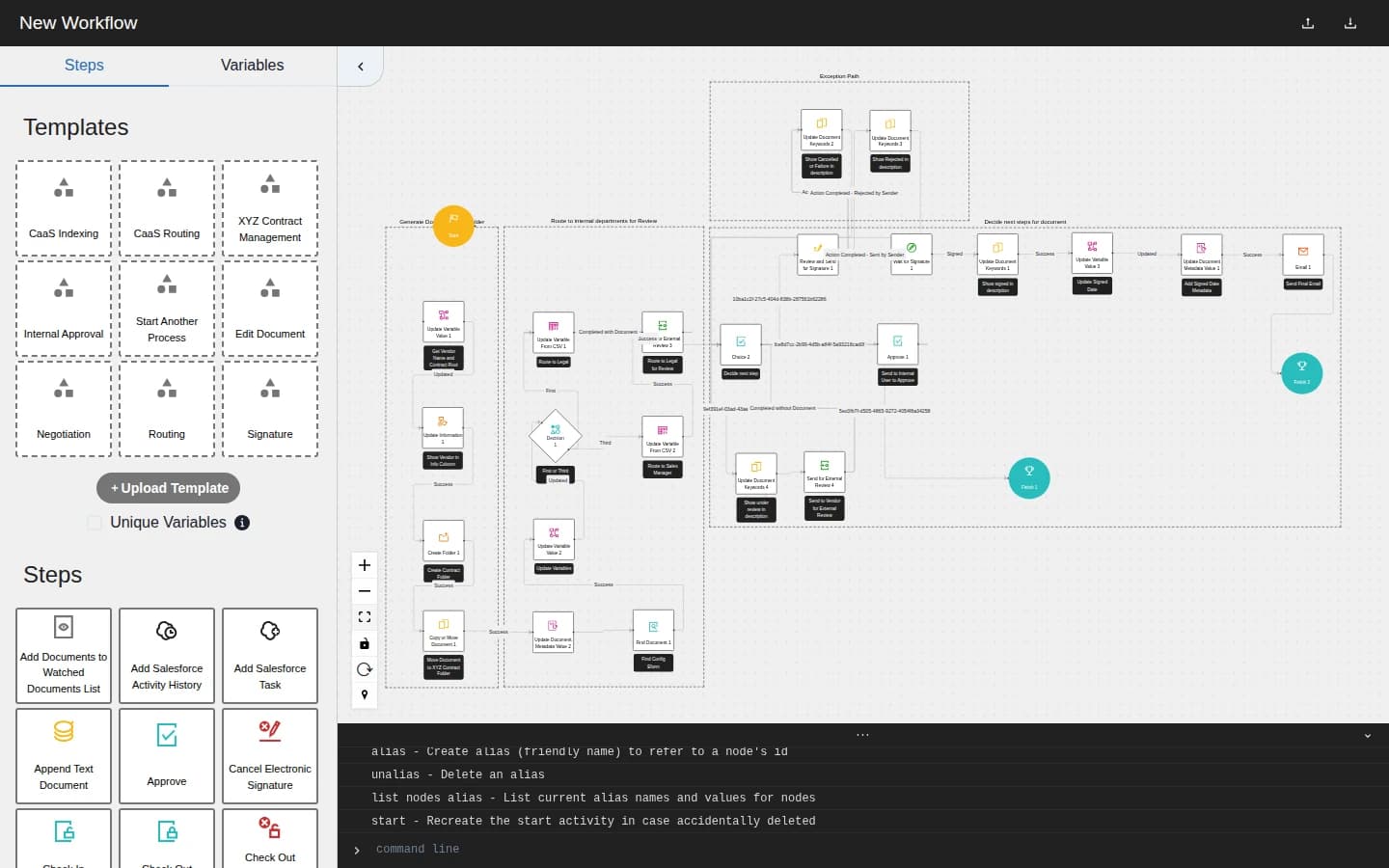 The DSDebug console showing help output with alias and node-listing commands