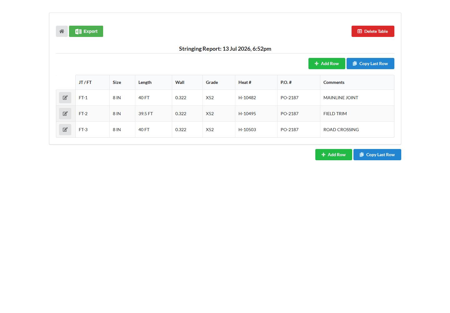 Stringing Report App showing three fictional pipeline joint records in a structured field table