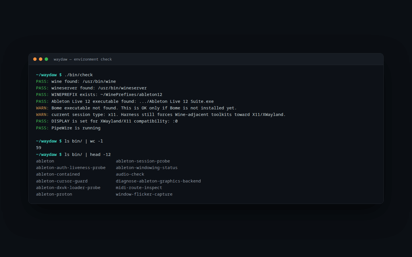 Terminal output of the waydaw environment check with PASS and WARN lines