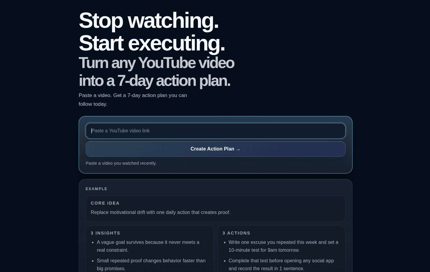 Action Plan Generator landing page: paste a YouTube link to create a 7-day action plan